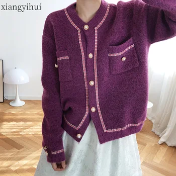 

Causal Purple Elegant Single Breasted Cardigan Sweaters Women Fashion Long Sleeve Pocket Cardigans Female Mohair Knitted Jumper
