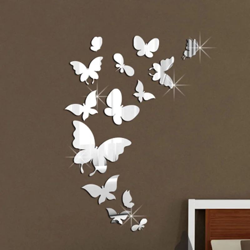 NEW DIY Reflective Stickers Cartoon Gold Silver 14Pc Butterfly Mirror Wall Stickers Home Decor Living Room Gift