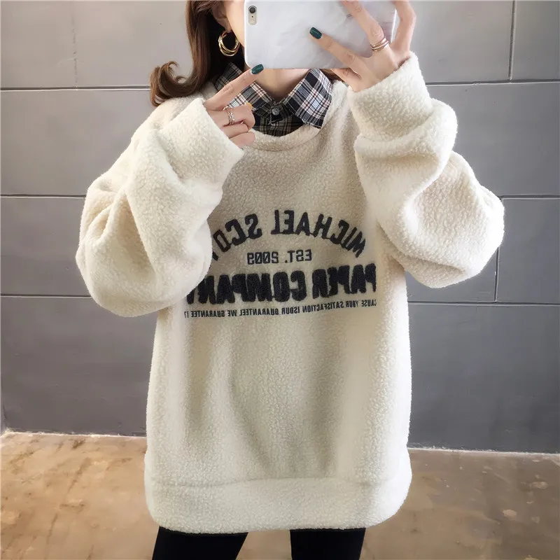

Autumn Winter fake two pieces Thick Warm Coat Cashmere Women Hoody Sweatshirt Solid Tracksuit Pullover Casual Tops Lady Loose Lo