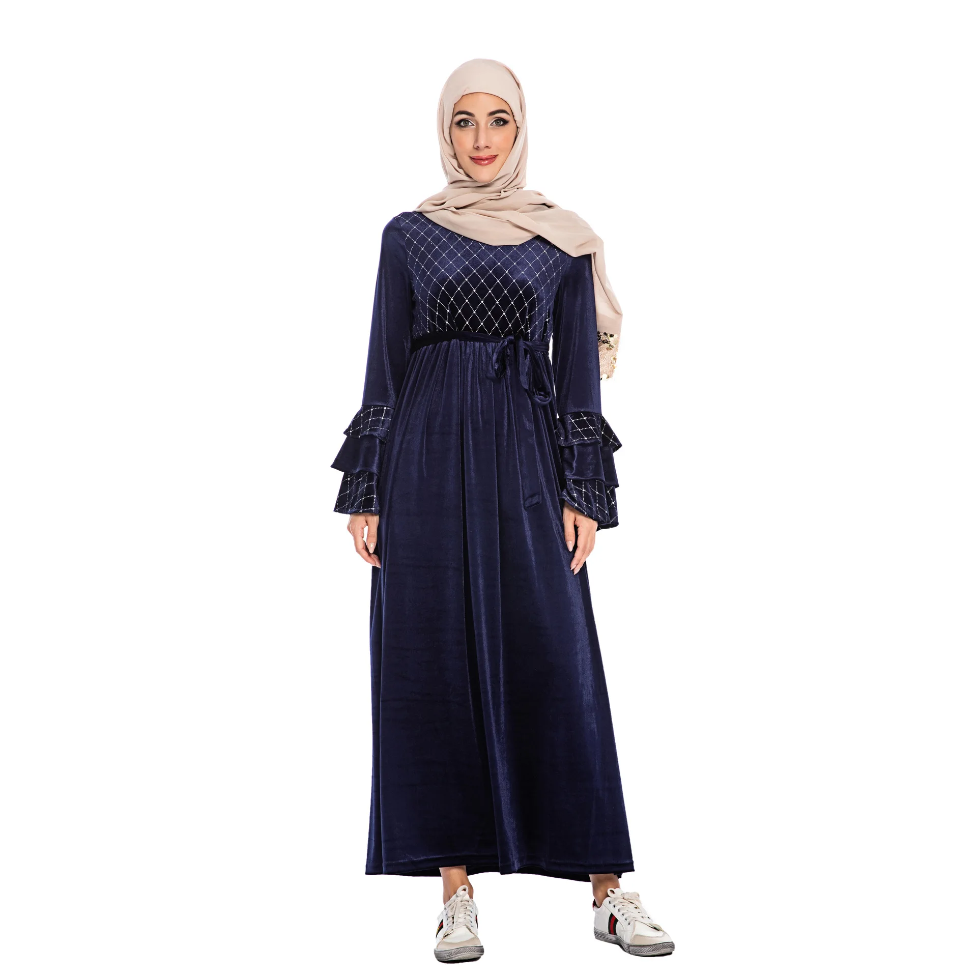 blue Elegnat мусульманский бархат abaya Макси длинное платье, Роба платья кимоно зима Рамадан Eid Исламская, молитвенная Tesettur Elbise поклонение службы - Цвет: blue