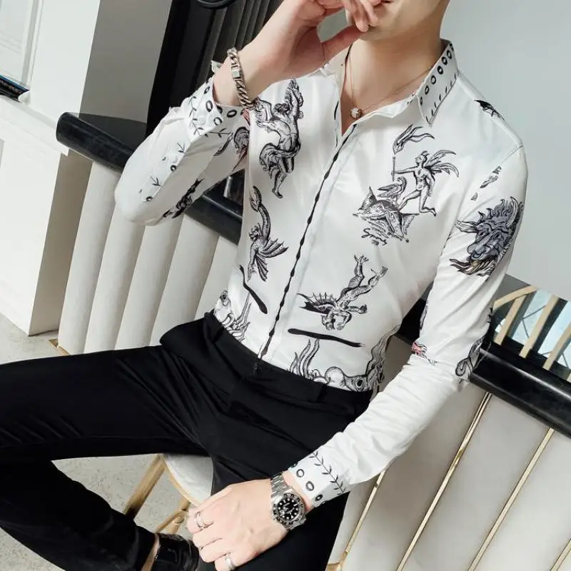 Новая мужская рубашка Camisa Social Masculina с длинным рукавом мужские рубашки Высокое качество полная печать Slim Fit повседневные мужские рубашки