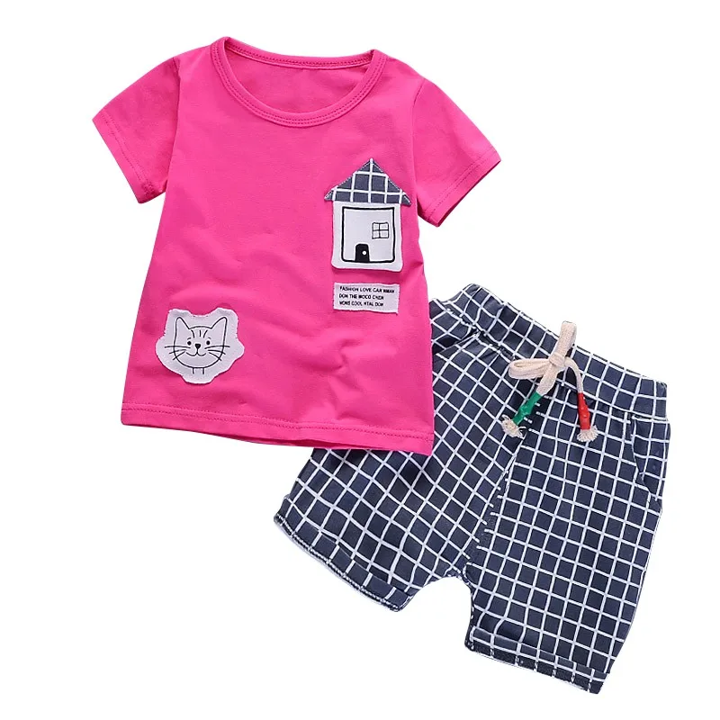 

2Pcs Summer Boy Cartoon Houses Pattern Comfortable Short Sleeve T-shirt Plaid Shorts Trousers Clothes Set