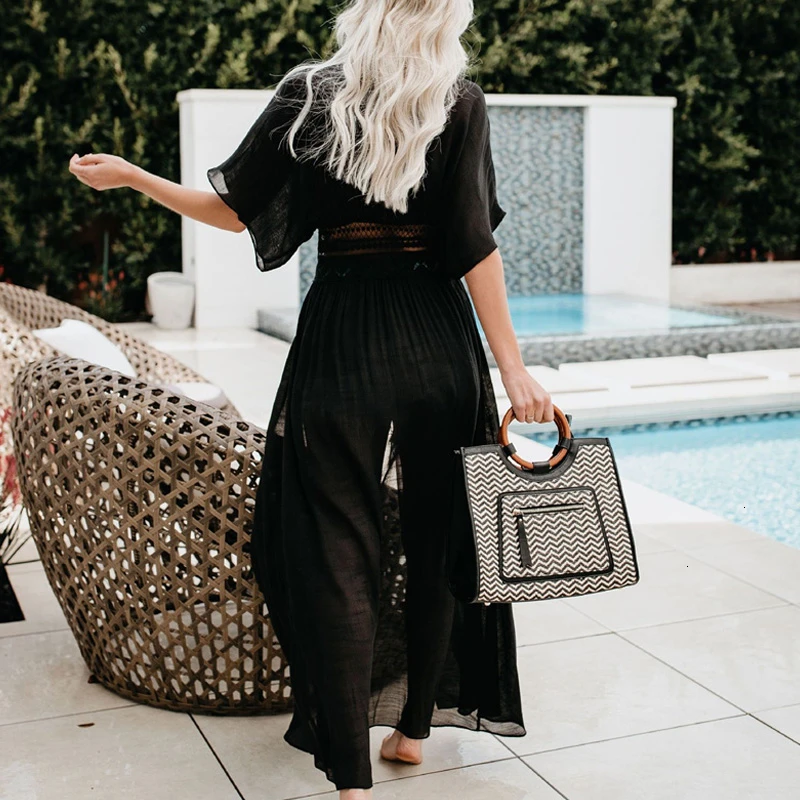 Длинное пляжное черное пляжное платье Vestido largo Verano Mujer купальный костюм накидка пляжное кимоно саронг халат de Plage туника