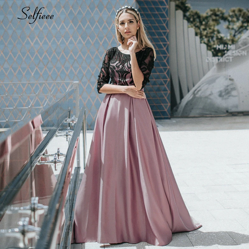 

Elegant Dresses A-Line O-Neck Empire Bow Lace Contrast Color Sexy Woman's Dresses Evening Formal Party Gowns 2019 Robe Ete Femme