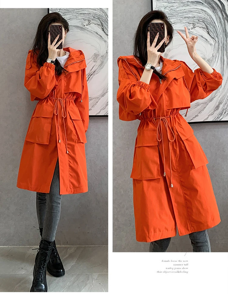 New 2021 Spring Autumn Long Trench Coat Women Loose Hooded Overcoat Female Adjustable Waist Outerwear Korean Fashion Windbreaker puffer coat with fur hood