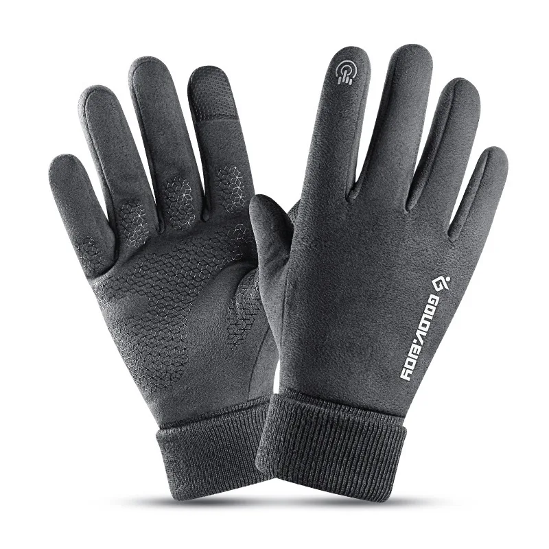 

suede gloves Cycling Men Autumn Winter Touch screen Silicone non-slip Plus velvet Windproof Lengthened wrist Reflective mittens