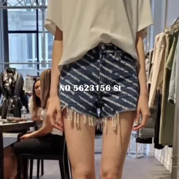 

luxury summer letter printing denim shorts women fashion streetwear edging tassel high waist slim cotton blue jeans shorts