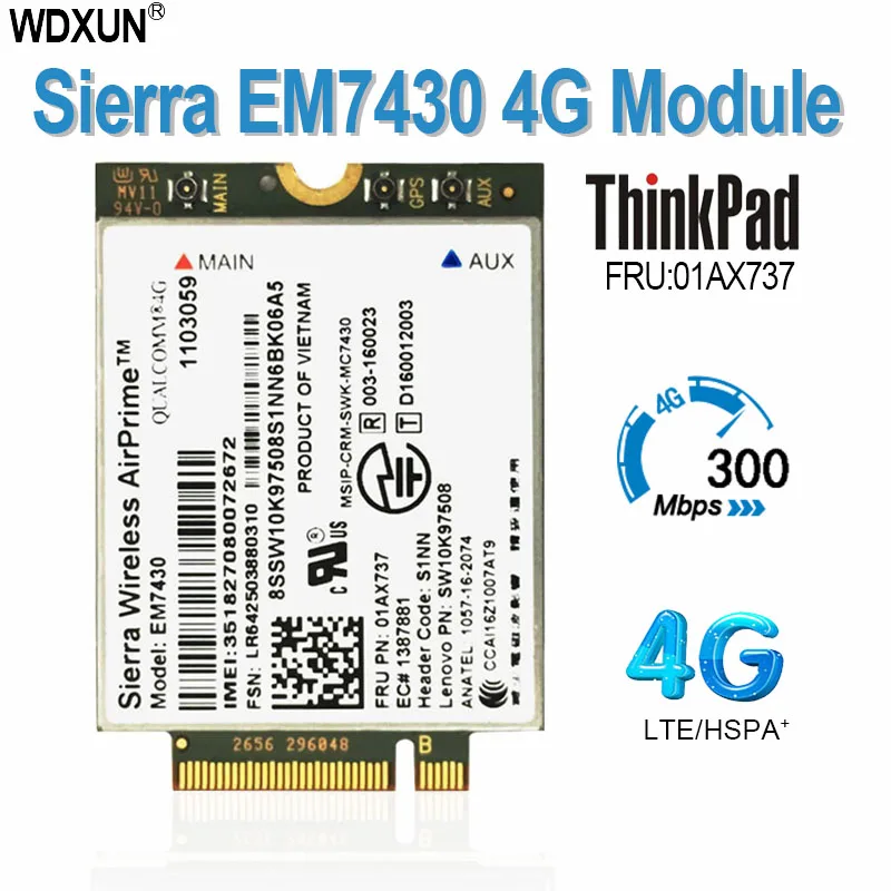Sierra EM7430 FDD/TDD-LTE 4g Fibra Lenovo Thinkpad X270 X1 5th Gera&ccedil;&atilde;o (20HQ, 20HR) X1 YOGA Tablet Gen 2 01AX737