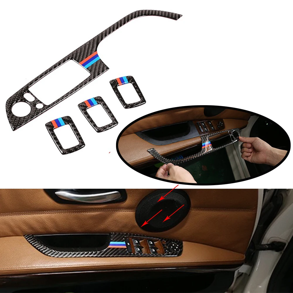 

JEAZEA 4Pcs Carbon Fiber Door Window Switch Panel Frame Cover Trim Fit For BMW 3 Series 2005 2006 2007 2008 2009 2010 2011 2012