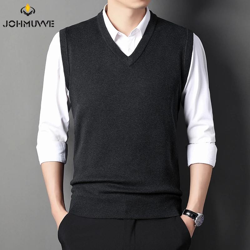 JOHMUVVE Men V-neck Vest Trend Retro Solid Color All-match Casual Business Work Woolen Knit Autumn men sweater vests mens knitted vest