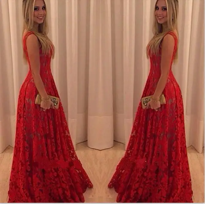 Robe de soiree, красное кружевное вечернее платье для выпускного вечера, сексуальное платье без рукавов, Длинное Элегантное платье для матери невесты