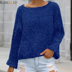 KANCOOLD осенний женский синий пуловер с круглым вырезом свитер ленивый оаф свободный сплошной цвет Повседневный свитер Пуловеры оверсайз
