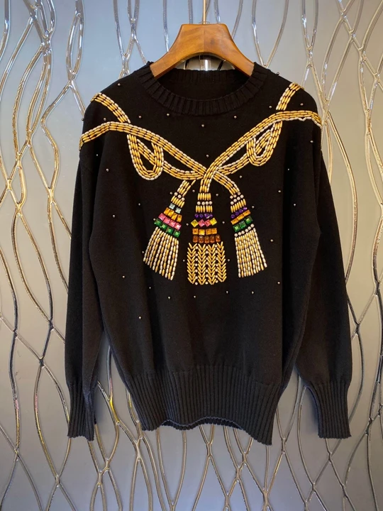 Early autumn new women's round collar rope nail bead knitted pattern decoration loose 100-tie knitted shirt 1008
