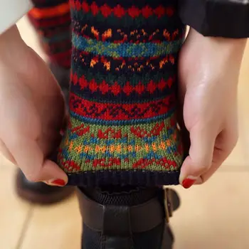 

Women Girls Bohemian Knitted Long Leg Warmers Contrast Color Camouflage Stripes Thicken Over Knee High Cover Boot Cuffs Socks