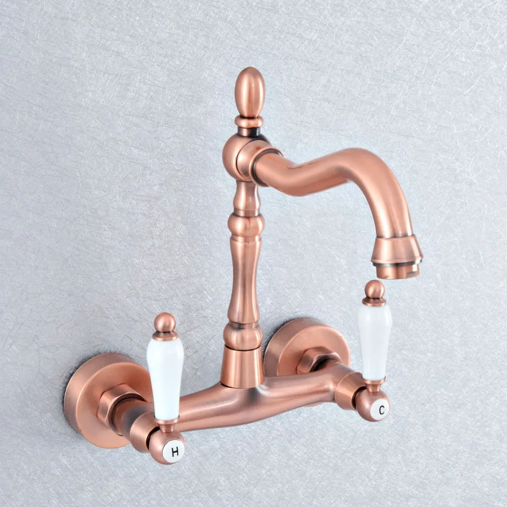 

Antique Red Copper Bathroom Basin Swivel Spout Faucet Wall Mounted Dual Ceramic Handles Vessel Sink Mixer Taps zsf880