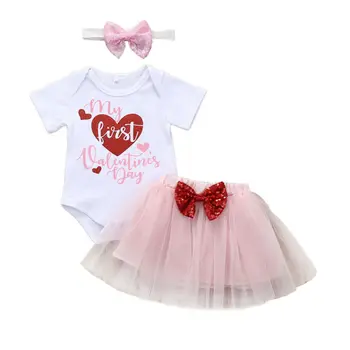 

Sweet My First Valentine's Day Toddler Baby Girls Clothes Set Spring Short Sleeve Bodysuit Tops Lace Bow Skirt Headband 0-24M