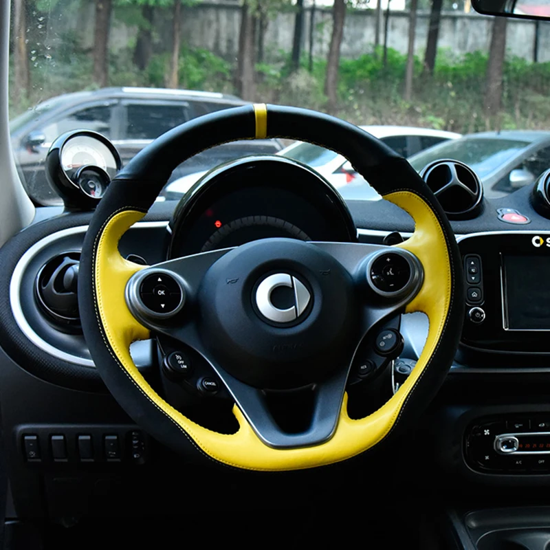 Автомобильный кожаный чехол для рулевого колеса, украшение интерьера для Smart 453 fortwo forfour, автомобильные аксессуары - Название цвета: Цвет: желтый