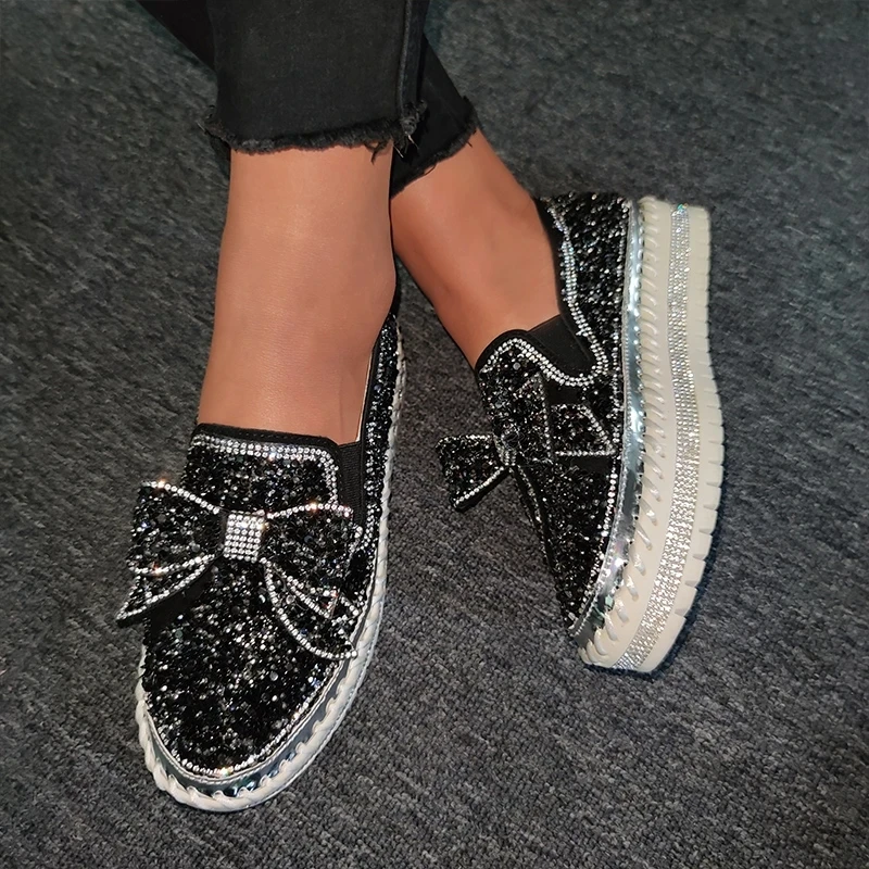 2020 Womwns Sandals Sequined Hollow Bowknot Thick-Soled Flats Slip-on Loafers Slippers Shining Walking Rhinestones Running Ladies Walking Driving Shoes 