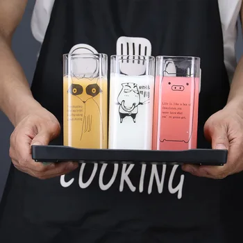 

Heat-resistant transparent glass milk Breakfast juice cup Microwave oven single-layer water cup Thickened cute animal square cup