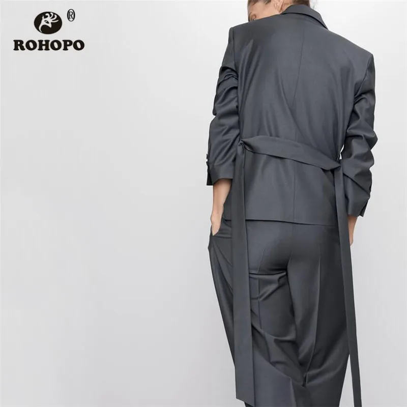 ROHOPO Double Buttons Solid Bow Waistband Blazer Notched Collar Side Welted Pockets Autumn Ladies Tops Outwear #6223 ROHOPO Double Buttons Solid Bow Waistband Blazer Notched Collar Side Welted Pockets Autumn Ladies Tops Outwear #6223