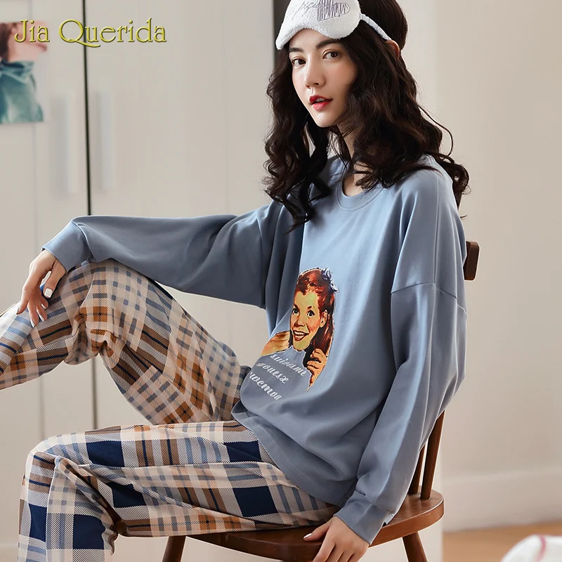 New Women Pajamas Women Clothes 2020 Spring Homesuit Homeclothes Crew Neck  Long Sleeve Long Plaid Pants Printing Pajamas Set