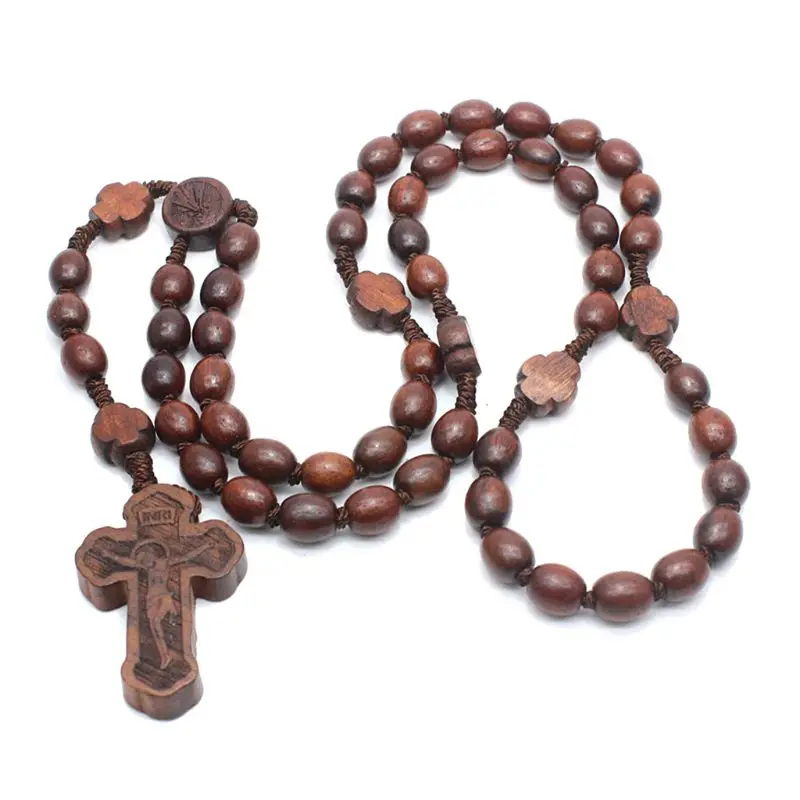 

Wooden Rosary Necklaces Cross Pendant Religious Handmade Round Beads Catholic Necklace for Men Women