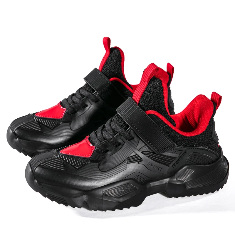 Высококачественная повседневная детская обувь; модный светильник; дышащая детская обувь; Нескользящие мягкие амортизирующие кроссовки для мальчиков; размеры 28-39 - Цвет: Black Red