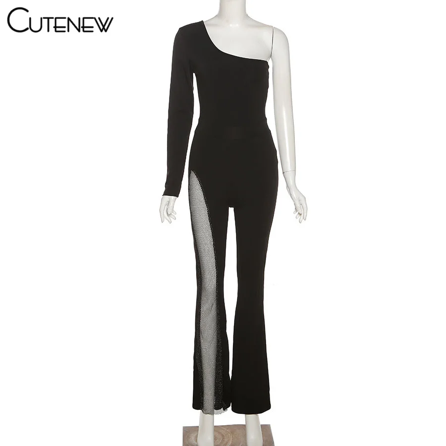 Sexy Mesh Patchwork One Shoulder Playsuits Women Elegant Solid Skinny Flare Pants Jumpsuit Fashion Lady Party Streetwear 13 Sexy Mesh Patchwork One Shoulder Playsuits Women Elegant Solid Skinny Flare Pants Jumpsuit Fashion Lady Party Streetwear