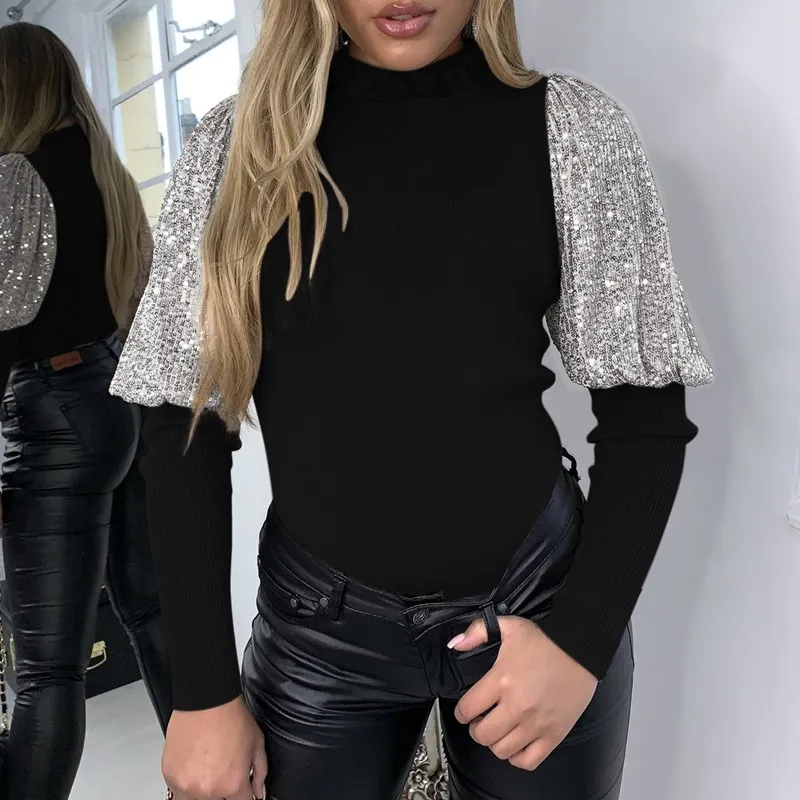 Wuhaobo Gray Black Red Fashion Shine Sequins Tops T Shirt Women Sexy Broad Sleeve O Neck Slim Tee Shirts