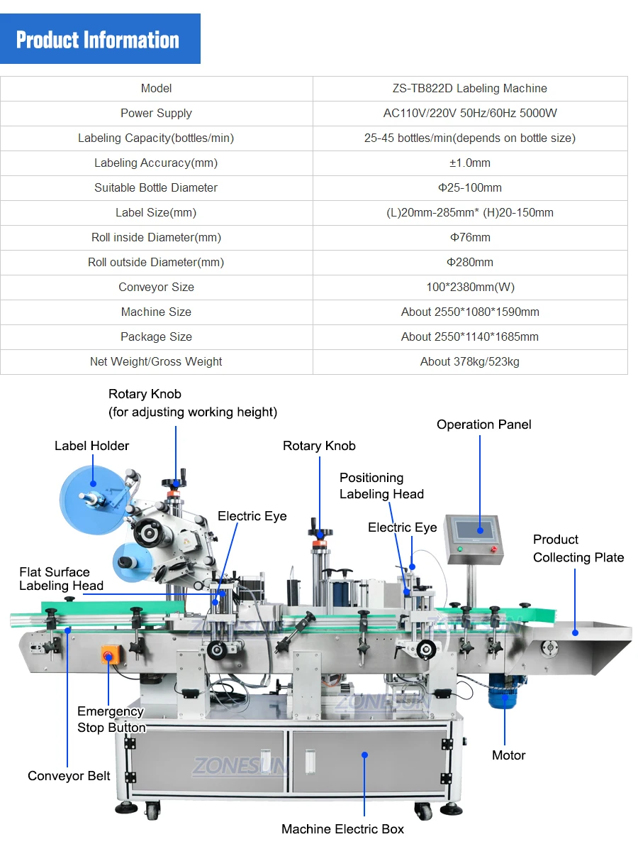 ZONESUN ZS-TB822D Round Bottle Labeling Machine With Top Label Applicator