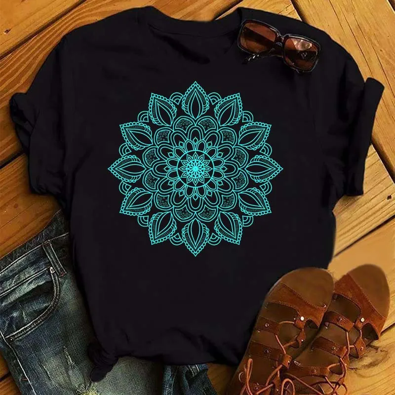 Maycaur New Mandala Floral Printed T Shirt Women Casual Fashion T-shirt Loose Short Sleeve 90s Girls Aesthetics Black Tshirt Top cheap graphic tees Tees