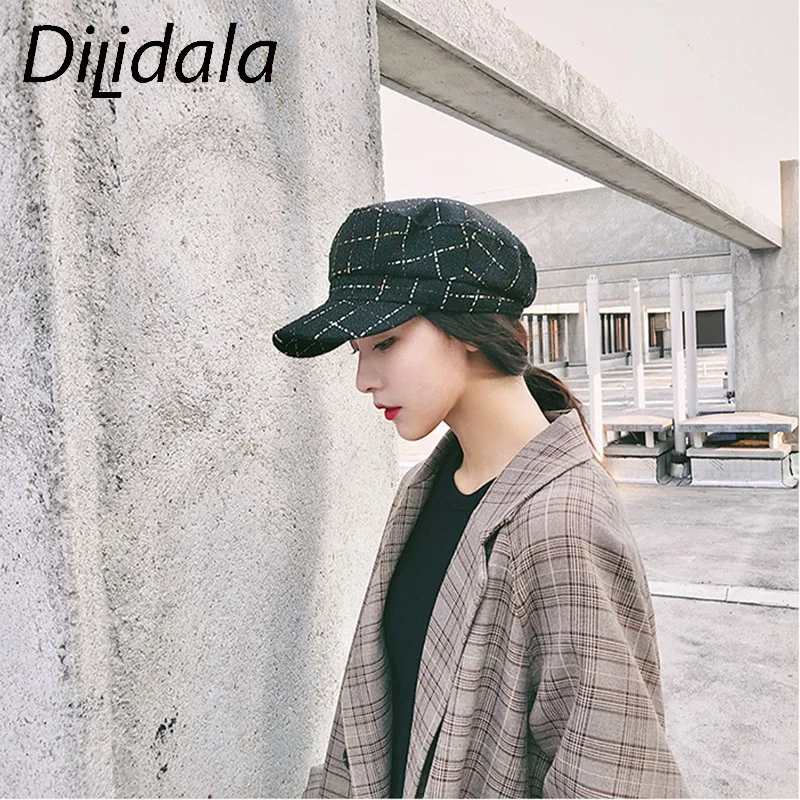 Dilidala, зимний шерстяной берет, женская шапка, клетчатая, дикая, Вязанная, восьмиугольная шапка, высокое качество, Ретро стиль, плоская шапка, модная, остроконечная шапка