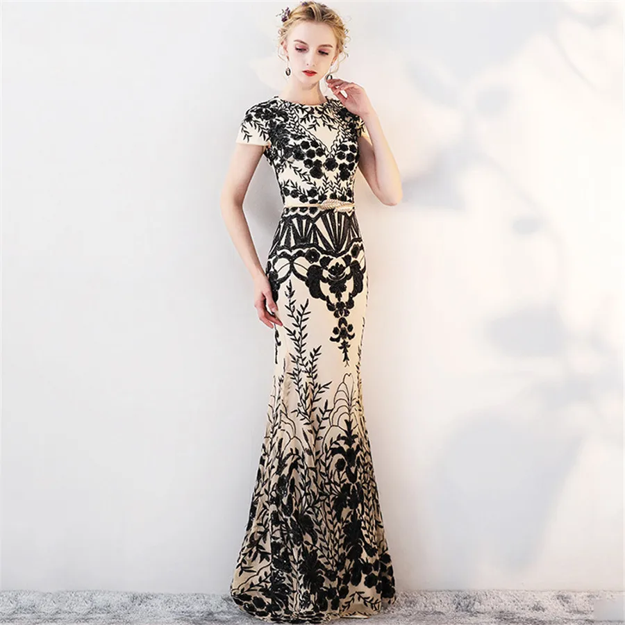 

O-neck Short Sleeve Floor Length Evening Dress Evening Dresses Bling Sequin Embroidery Robe De Soiree Formal Gown 2019 F259
