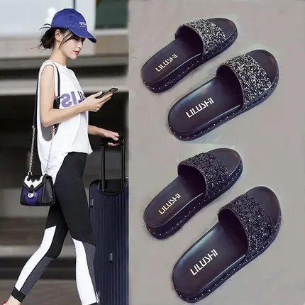 Summer Fashion Sequined Rhinestone Thick-soled  Korean version Flat-bottomed Wear-resistant Women's Sandals  Slippers