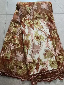 

Latest Gold Line Tulle Lace Fabric High Quality Europe And American Fashion Fabric With 3 D Flowers French lace Fabrics