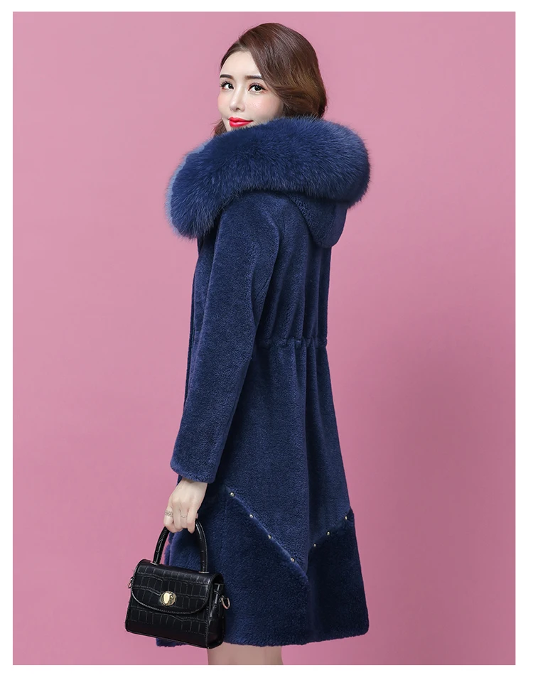 HANZANGL Sheep sheared coat Winter Wool Coat Women's Fox Fur Collar Hooded Warm Cashmere Jacket Long Fur Overcoat L-4XL