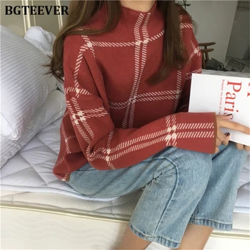 

Autumn Winter Plaid Women Sweater Half-turtleneck Warm Minimalist Knitting Pullovers Female Elegant Ladies Knitted Tops Jumpers