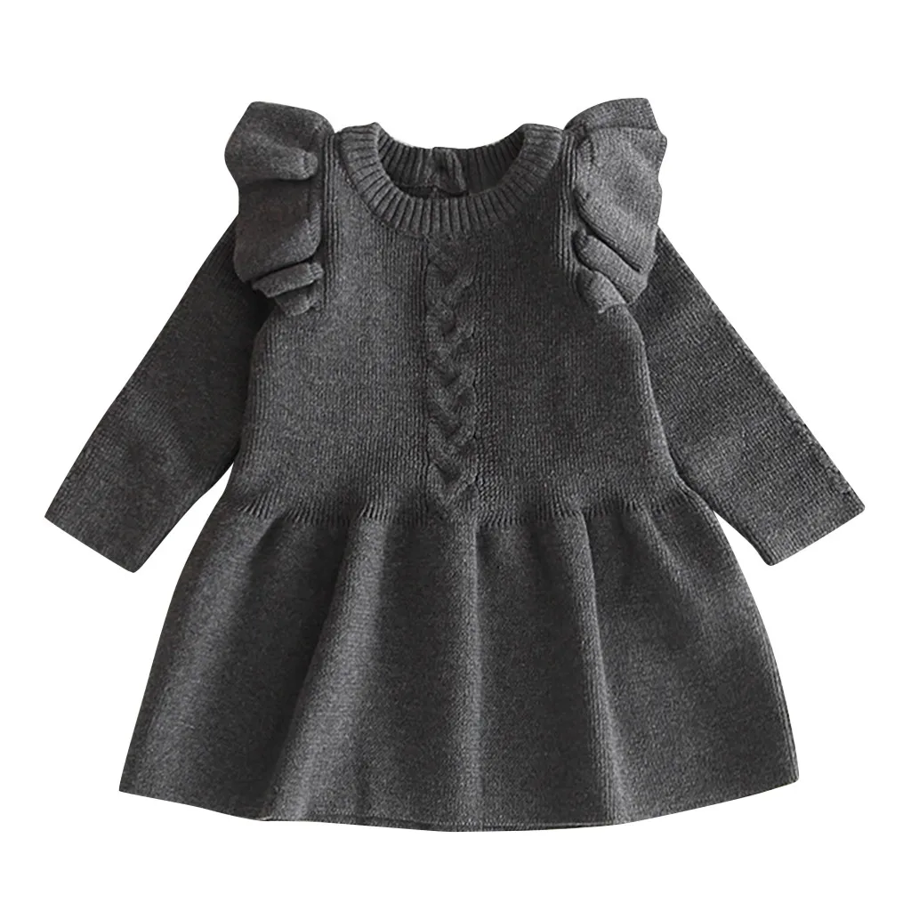 Вязаное платье для маленьких девочек однотонное теплое платье с длинными рукавами и оборками осенне-зимние вязаные детские платья для маленьких девочек - Цвет: Gray