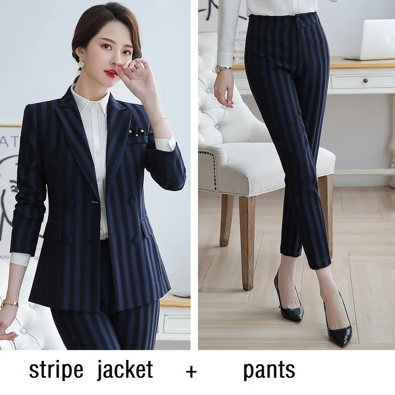 stripe jacket pants Женские костюмы, тонкая Осенняя полосатая куртка, брюки, комплект из 2 предметов, Деловые женские брючные костюмы, женские костюмы, 329 - Цвет: stripe jacket pants