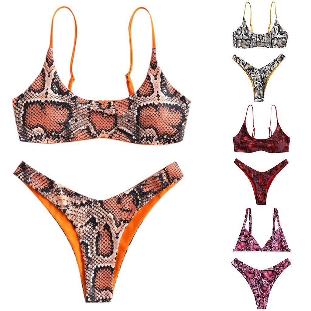 

AA Women Snakeskin Two-piece Bathing Suit Adjustable Strap Bra with Chest Pad Tight Thong Set Tankini Swimsuits Women Swim Wear