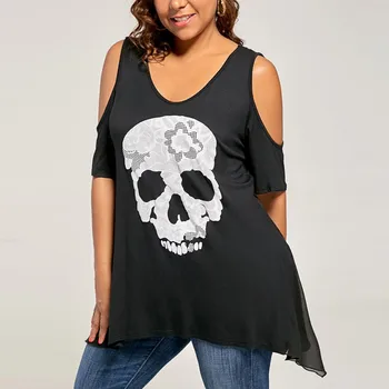 

Fashion Ropa Mujer Casual Plus Size Women Skull Cold Print Shoulder T-shirt Vintage Tops Harajuku O-Neck Shirt Clothes XL-5XL