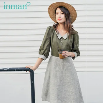 

INMAN 2020 Spring New Arrival Literary Age-reducing Matching Color A-line Hem Nipped Waist Pleated Medium Sleeve Dress