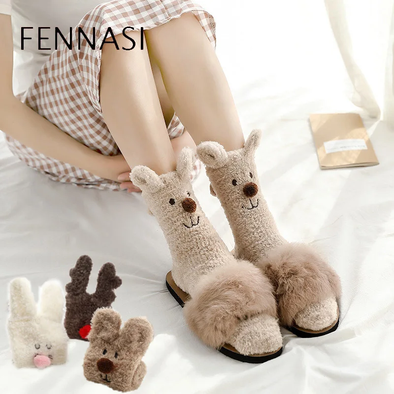 FENNASI Японии с рисунком рождественского оленя стерео-носки с милым рисунком, Для женщин пушистые носки зимние толстые теплые тапочки кораллового цвета носки для сна