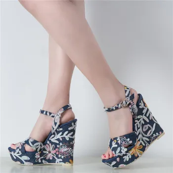 

YECHNE Summer Women's High Heels Women's Wedges Sandals Zapatos Mujer Blue Sandals Woman Heels Shoes Denim Embroider Platform