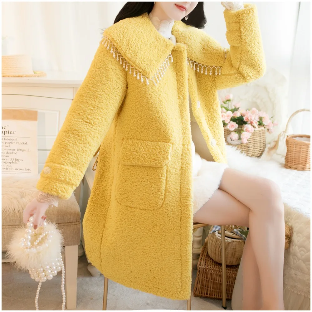 SWEETXUE зимние женские пальто из искусственного меха овечьей шерсти с кисточками куртка с бусинами Пальто Повседневная Толстая теплая Длинная Верхняя одежда для женщин