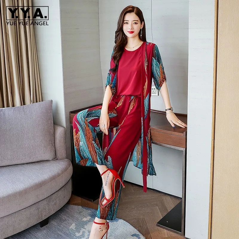 

Summer New Women 3pcs Set Vintage Floral Printed Long Coat Wide Leg Pants Outfits Suit OL Style Elastic Waist Ensemble Femme