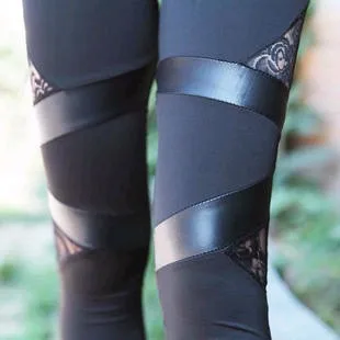 

Foreign Trade Spring And Autumn Korean-style Slimming Fashion Triangular Lace Faux Leather Panel QMilch Ankle-length Leggings Wo