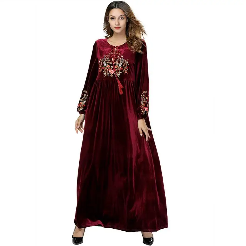 wine red Мусульманская взрослая Повседневная бархатная одежда с цветочной вышивкой Musulmane Турецкая Дубайская модная абайя мусульманские платья, робы поклонения абайя Wq945 - Цвет: wine red
