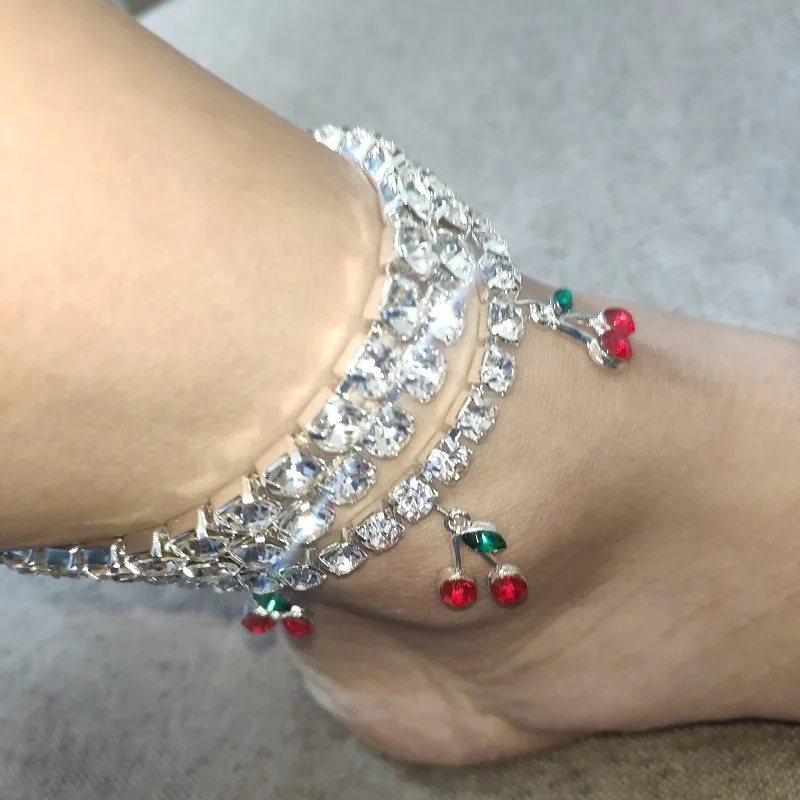 Rhinestone Cherry Ankle Bracelet Tennis Chain Crystal Anklets for Women Beach Leg Foot Bracelets Boho Jewelry Rhinestone Cherry Ankle Bracelet Tennis Chain Crystal Anklets for Women Beach Leg Foot Bracelets Boho Jewelry