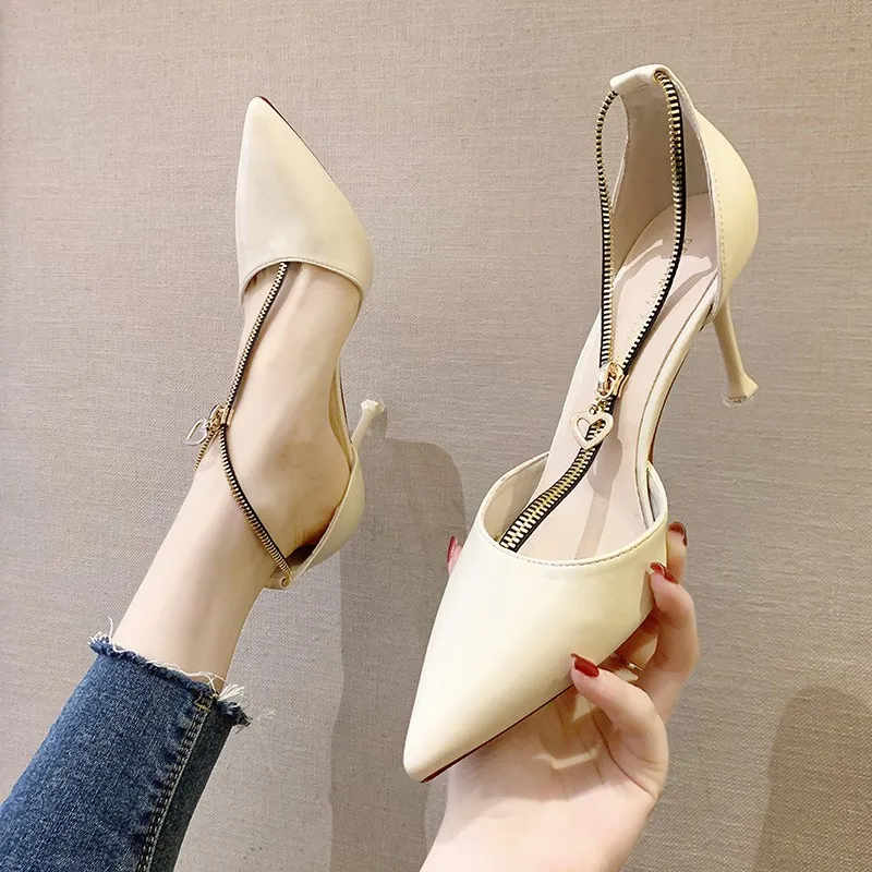 

T-strap High Heels Women Zipper Pointed Toe Pumps Summer Thin Heel Hollow Sandals Sexy Women Stiletto Office Shoes 2020